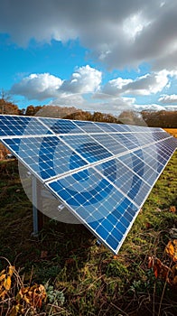 solar panels in field at photovoltaic power station, depicting green energy.