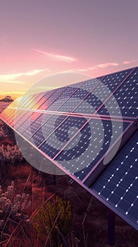 solar panels in field at photovoltaic power station, depicting green energy.