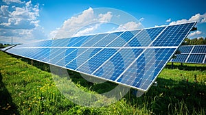 solar panels in field at photovoltaic power station, depicting green energy.