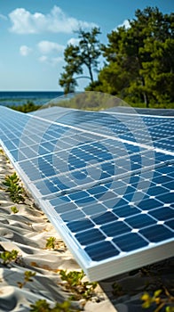 solar panels in field at photovoltaic power station, depicting green energy.