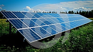 solar panels in field at photovoltaic power station, depicting green energy.