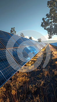 solar panels in field at photovoltaic power station, depicting green energy.