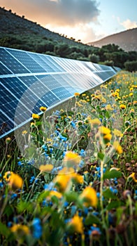 solar panels in field at photovoltaic power station, depicting green energy.