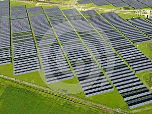 Solar panels on field in summer, aerial drone view