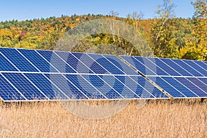 Solar panels in a field on a sunny autumn day