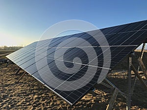 Solar panels in a field with sunray flare, evening light