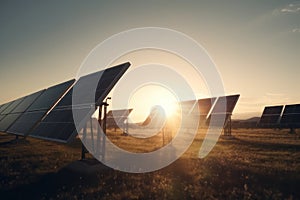 Solar panels in the field at sunset, alternative green energy. AI generative