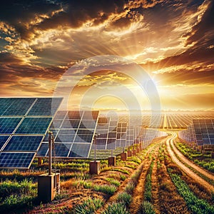 Solar panels on the field at sunset. Conceptual image for renewable energy, generative ai