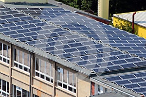 Solar panels on a flat roof of a building