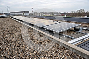Solar panels on flat roof with pebble substructure photo