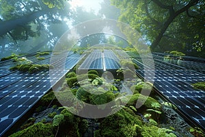 Solar Panels In A Forest, Blending Modern Renewable Technologies With Lush Green Surroundings. photo
