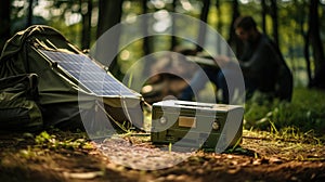 Solar panels in the forest. Camping trip