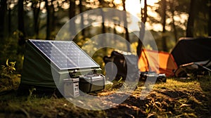 Solar panels in the forest. Camping trip