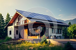 Solar panels on a gable roof. Beautiful, large modern house and solar energy. photo