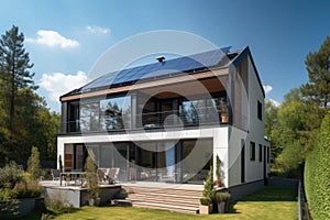 Solar panels on a gable roof. Beautiful, large modern house and solar energy. Generative AI photo