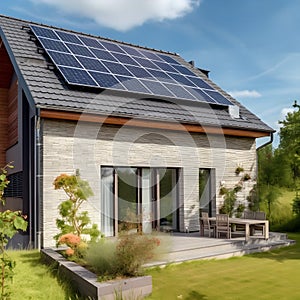 Solar panels on a gable roof. Beautiful, large modern house and solar energy photo