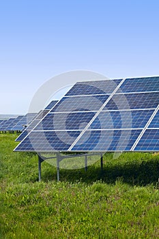 Solar panels on a green field on a sunny day