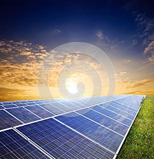 Solar panels on green field under sunset sky