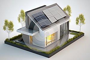 Solar panels on idilic 3D house. Natural resource of energy. Generative AI