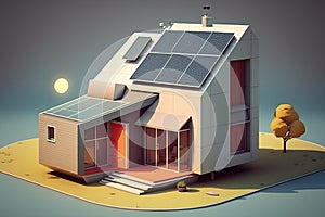 Solar panels on idilic 3D house. Natural resource of energy. Generative AI