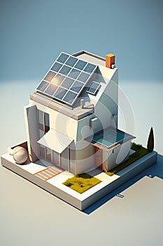 Solar panels on idilic 3D house. Natural resource of energy. Generative AI