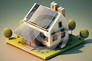 Solar panels on idilic 3D house. Natural resource of energy. Generative AI