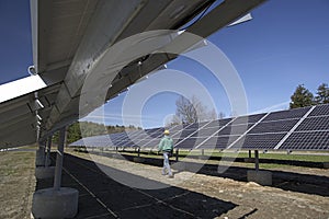 Solar panels inspected by workman
