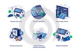 Solar panels installation on house with grid battery storage illustration set