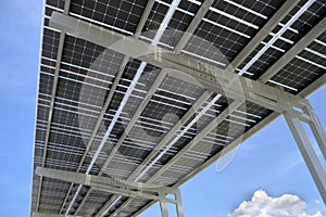 Solar panels installed over parking lot canopy shade for parked cars for effective generation of clean energy