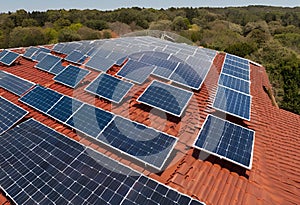 Solar panels installed on roof harness sunlight.AI Generated