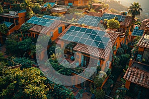 Solar panels installed on rooftops of urban buildings, basking in sunlight and generating clean electricity for local