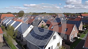 Solar panels are installed on the tiled roofs of a row of modern houses in a suburb with green streets under a blue sky