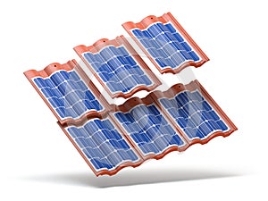 Solar panels integrated in roof tiles or shingles isolated on white background