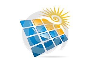 Solar panels logo, swirl sun and square modern business symbol icon