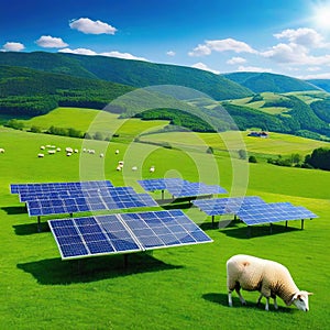 Solar panels on meadow with green