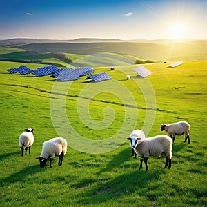 Solar panels on meadow with green