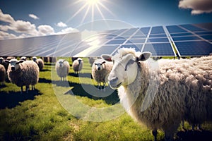 Solar panels on meadow with sheep, photovoltaic, green energy