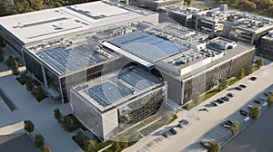 solar panels modern office complex aerial