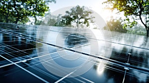 Solar panels in a natural setting reflecting sunlight