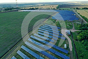 Solar panels outdoors, aerial view. Alternative energy source