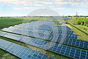 Solar panels outdoors, aerial view. Alternative energy source