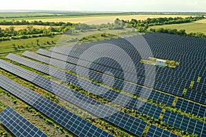 Solar panels outdoors, aerial view. Alternative energy source