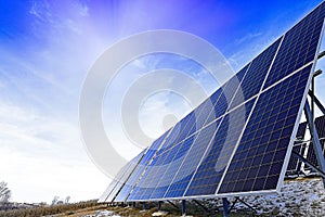 Solar panels Photovoltaic cells on a background of sunrise.