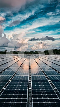 Solar Panels Photovoltaic Power Station Surface Against Cloudy Sky