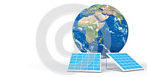 Solar panels and planet Earth on a white background 3d rendering illustration photo