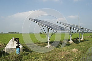 Solar panels produce electric which can run submerge water pump for irrigation of water in agricultural field