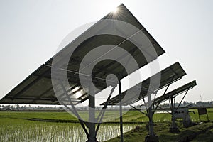 Solar panels produce electric which can run submerge water pump for irrigation of water in agricultural field