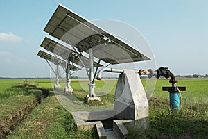 Solar panels produce electric which can run submerge water pump for irrigation of water in agricultural field