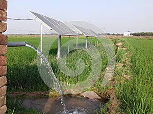 Solar panels produce electric which can run submerge water pump for irrigation of water in agricultural field