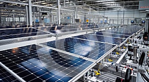 Solar panels on the production line of a power plant. Photovoltaic cells, generative ai